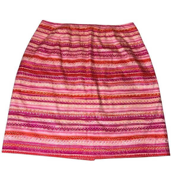Vintage Talbots Pencil Skirt Womens 14 Pink Geometric Striped Back Slit - Picture 1 of 8